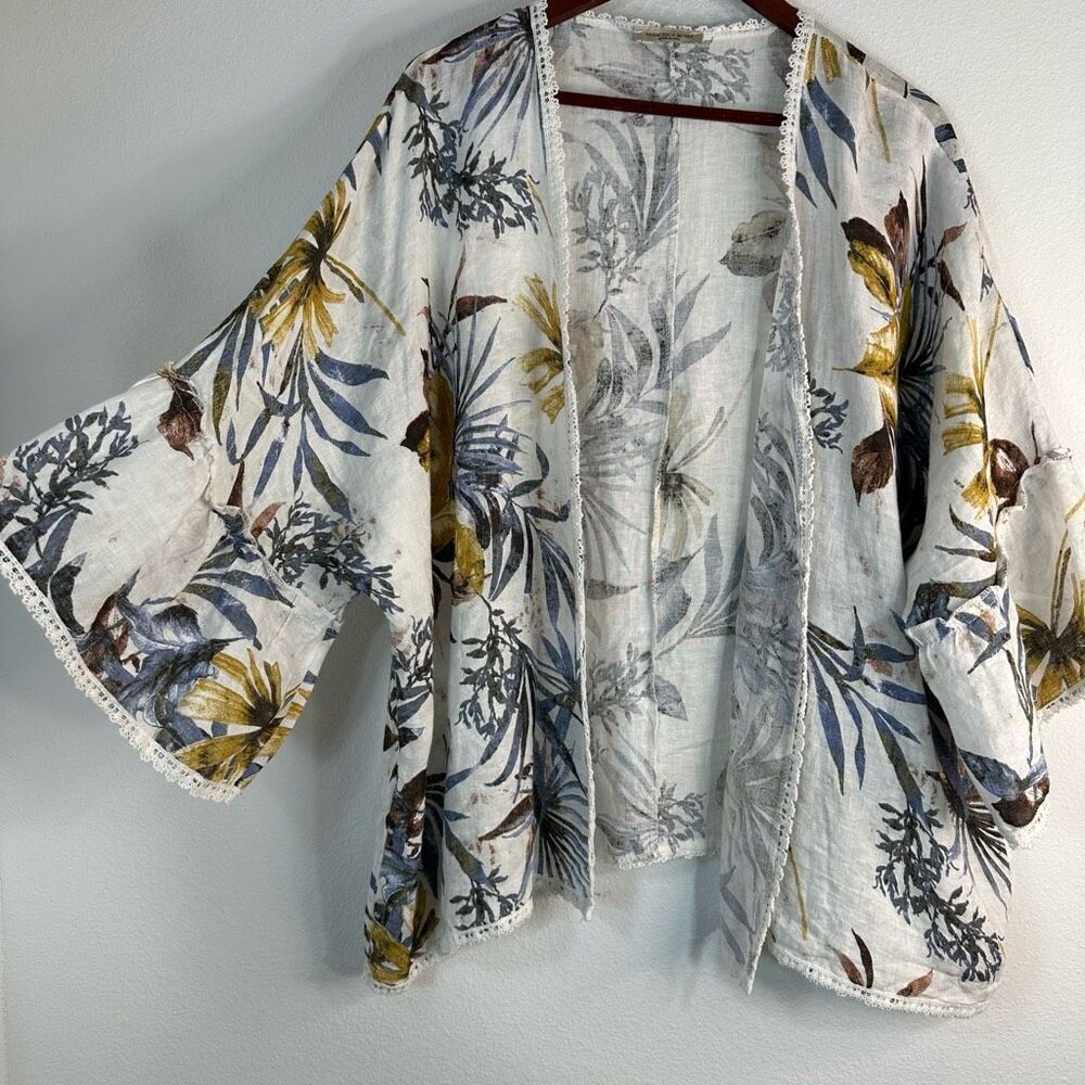Francesca Bettini Tropical Floral Linen Kimono Cardigan Lace Trim Made in Italy